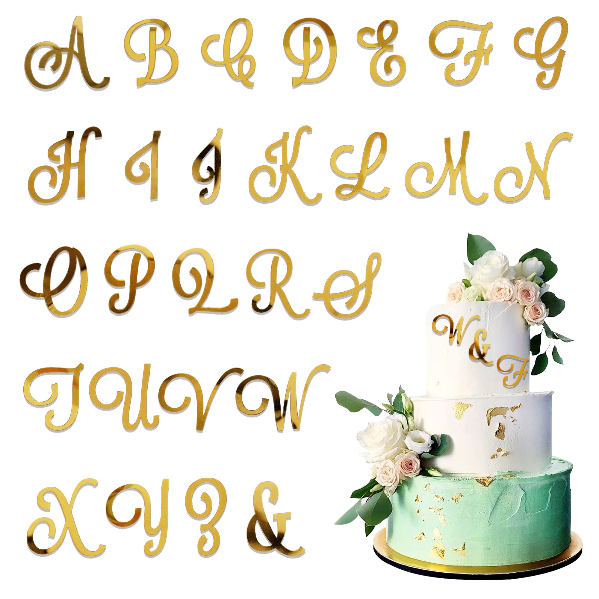 Photo 1 of Acrylic Alphabet Cake Topper DIY Personalized Name Cupcake Toppers with A-Z Letter Set for Custom Wedding Cake Decorations Baby Shower Happy Birthday Party Supplies (Style1, Gold Uppercase)