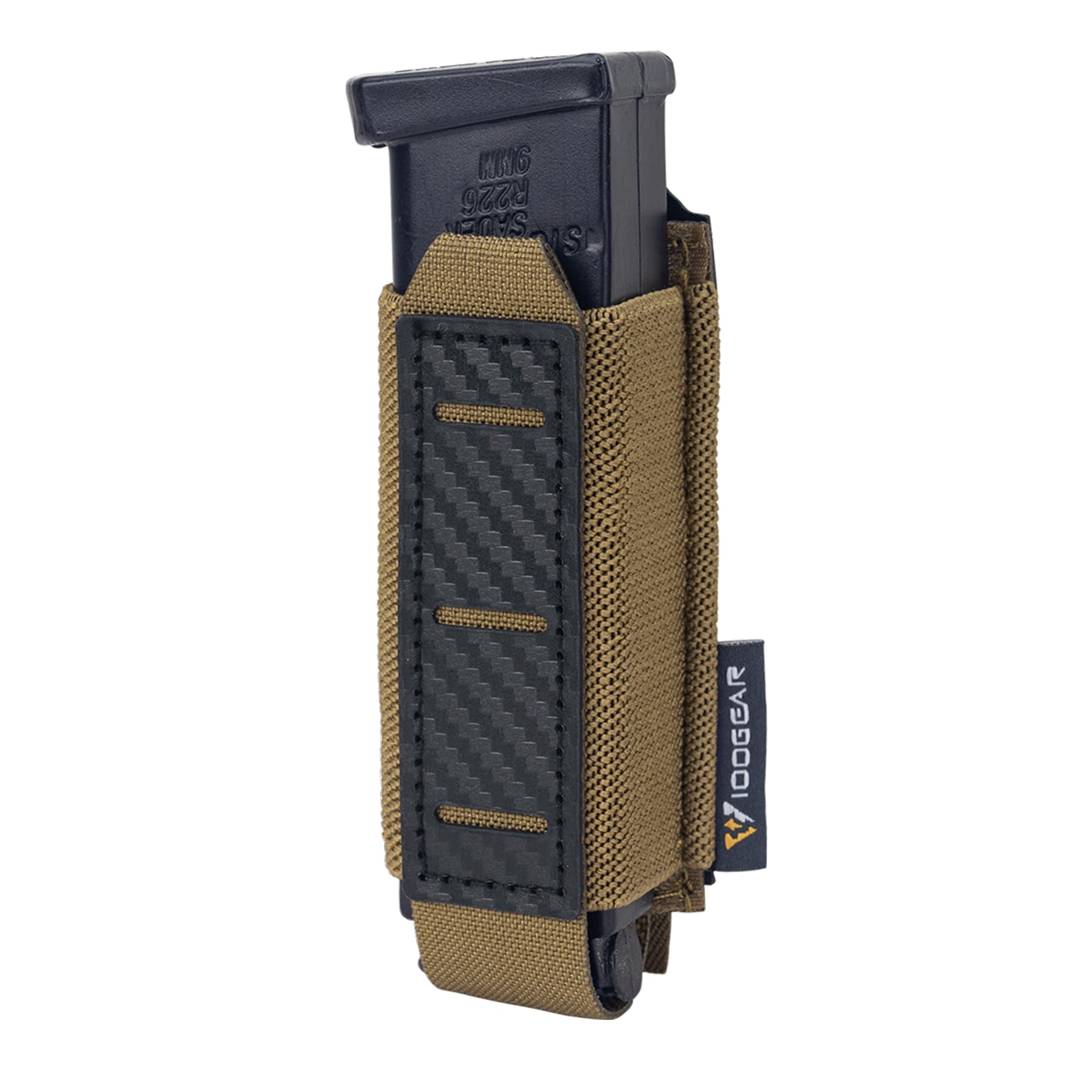 IDOGEAR Pistol Mag Pouch 9mm Magazine Pouches MOLLE Holder with Carbon Fiber Patterned PP Plate Construction Single Magazines Carrier (Coyote Brown)