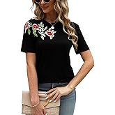 Mexican Shirts for Women Floral Embroidered Tops Short Sleeve Blouses Women's Traditional Fiesta Tees Tunic Peasant