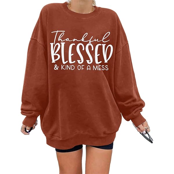 Thankful Blessed & Kind Of A Mess Shirt – Women’s Thanksgiving Long Sleeve Tee, Color Block Design, Casual Fall Top