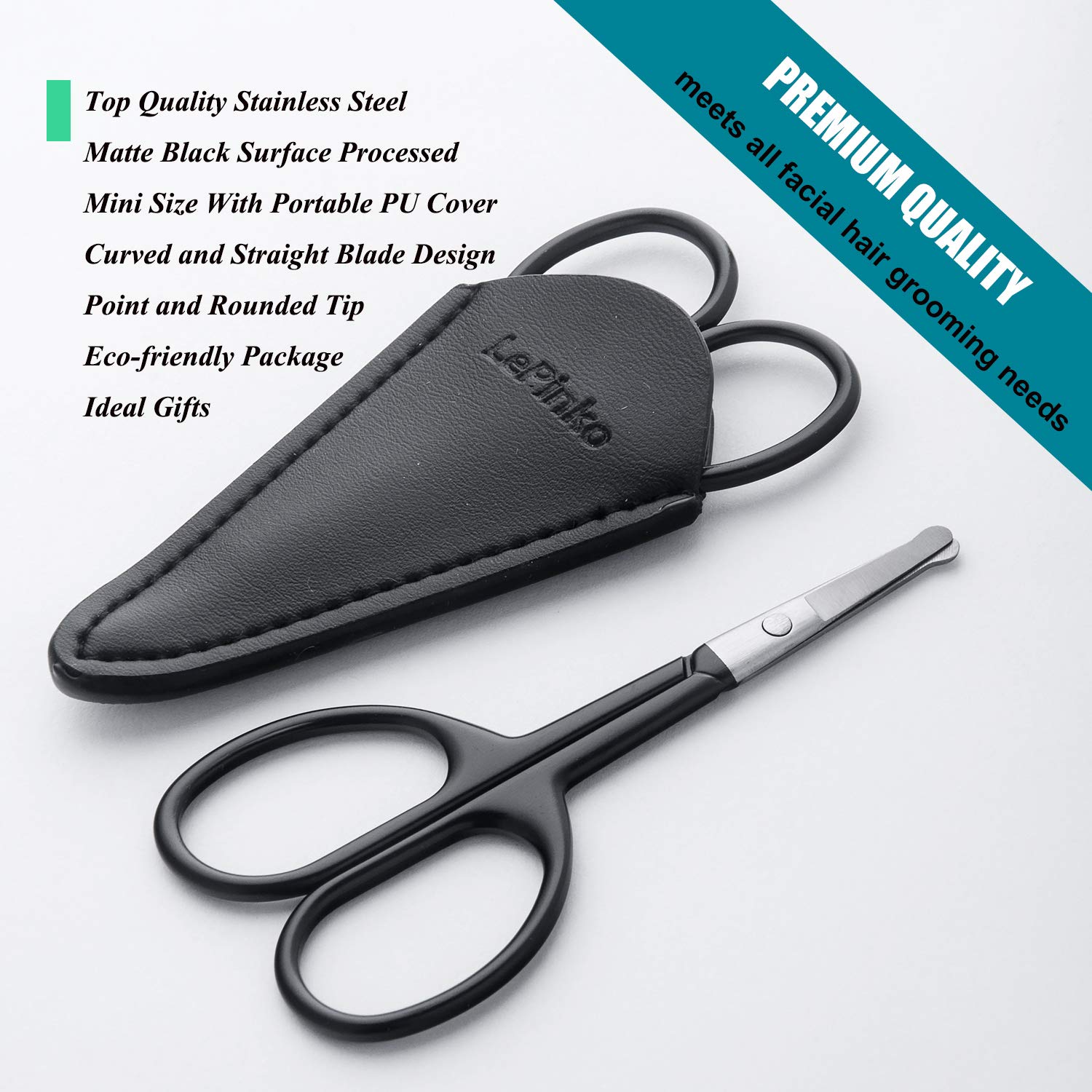Small Scissors, Comfort-Grip Handles, Facial Hair Grooming Set, Eyebrow, Nose, Mustache, Beard, Eyelashes Ear Nail Trimming Kit, Point and Rounded Safety Tip Cutting Clippers 2PCS With PU Cover Black: Beauty