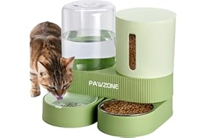 PAWZONE 2 Pack Automatic Cat Feeder Stainless Steel Water Dispenser Gravity Food Feeder and Waterer Set with Pet Food Bowl for Small Medium Kitten Puppy Pets Large Capacity(Green)