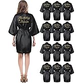Hicarer 12 Pcs Women's Birthday Party Robes Gold Glitter Queen Squad Kimono Silky Nightgown Satin Bathrobes Dressing Gown