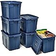 Rubbermaid Roughneck Tote 18 Gal, 6 Pack, Made in USA, Dark Indigo Metallic, Rugged Plastic Stackable Storage Bins with Lids and Handles