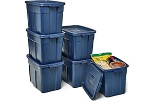 Rubbermaid Roughneck Tote 18 Gal, 6 Pack, Made in USA, Dark Indigo Metallic, Rugged Plastic Stackable Storage Bins with Lids and Handles