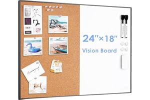 ARCOBIS Cork Board White Board Combo, 24 x 18 Inch Bulletin Board, Magnetic Dry Erase Board & Corkboard for Wall, Vision Board for Home, Office, School, Black Frame