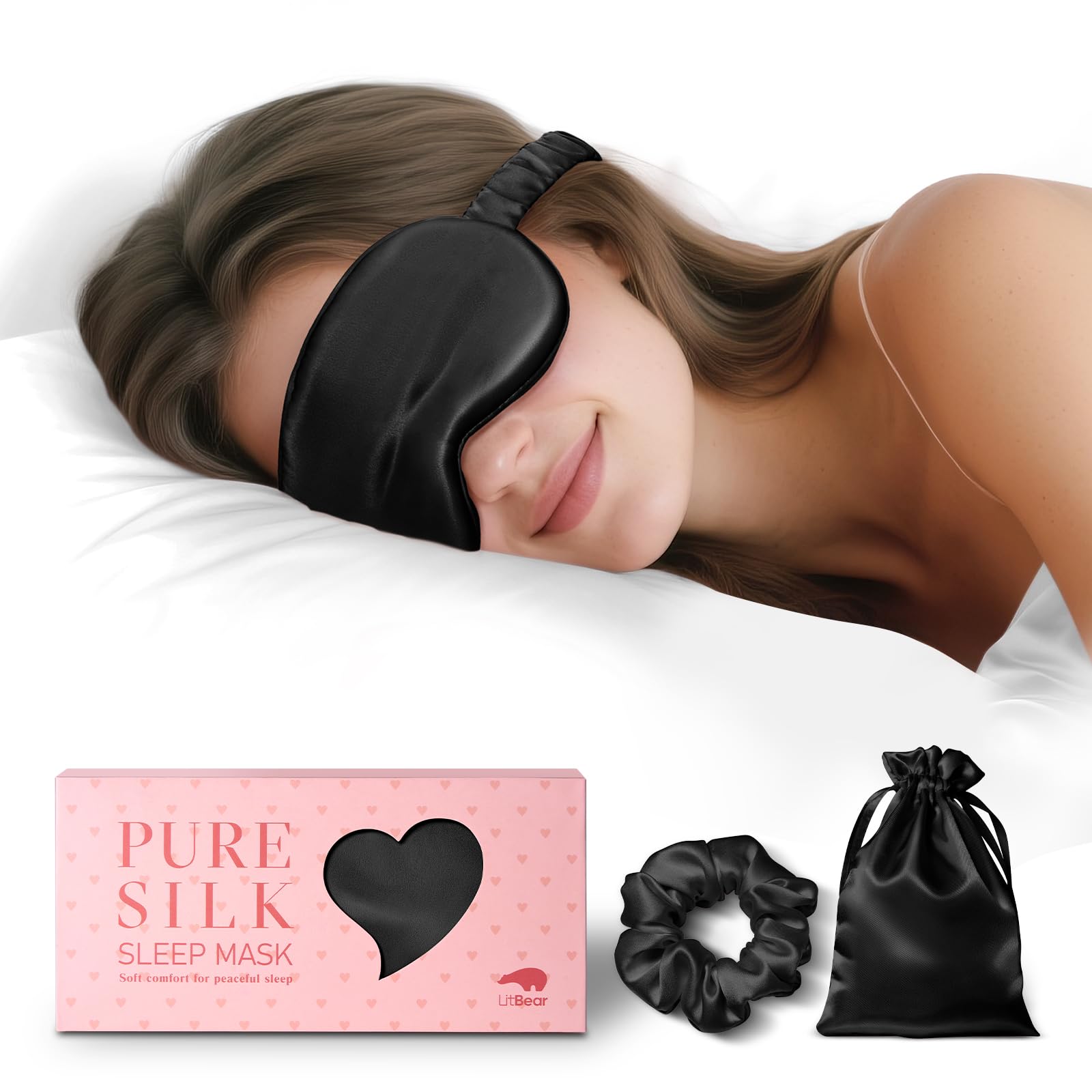 Photo 1 of LitBear 100% Pure Silk Sleep Mask, 22 Momme 6A Mulberry Silk Fabric and Filling, Total Light Blocking Eye Mask Sleeping for Women, Men, Side Sleepers, Includes Travel Pouch and Scrunchie