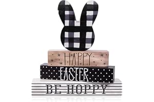 PRATIQUE 4Pcs Easter Wooden Bunny Decor Set,Rustic Blocks with Signs for Tiered Tray, Farmhouse Table Centerpiece, Home & Kit