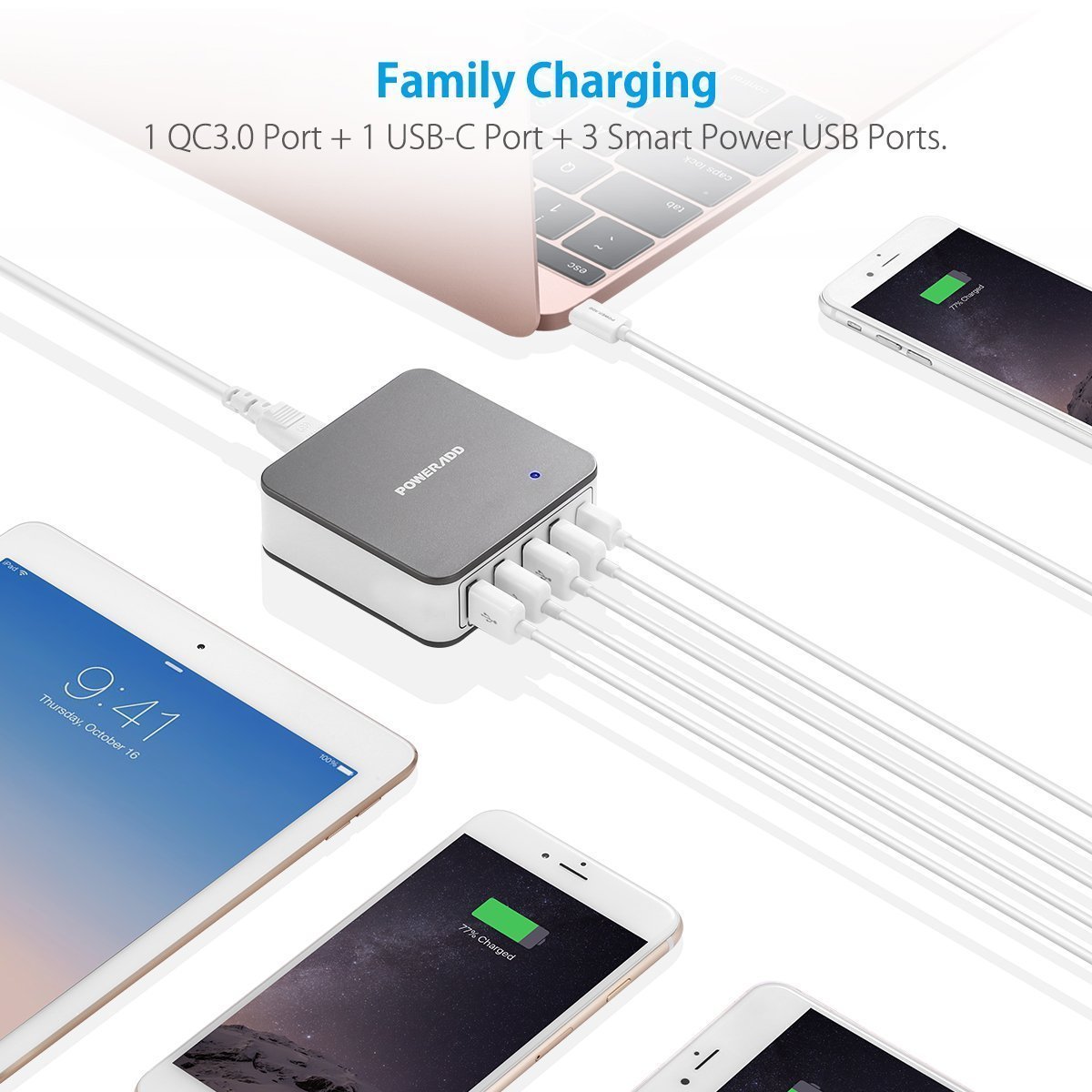 POWERADD Quick Charge 3,0 Ladeadapter mit Automatische Erkennung USB Port, Type C und Handy Tablet Ständer