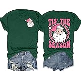 PICKID Christmas Shirts Women Vintage Santa Claus T-Shirt Merry Christmas Shirt Xmas Gift Tee Casual Holiday Tops