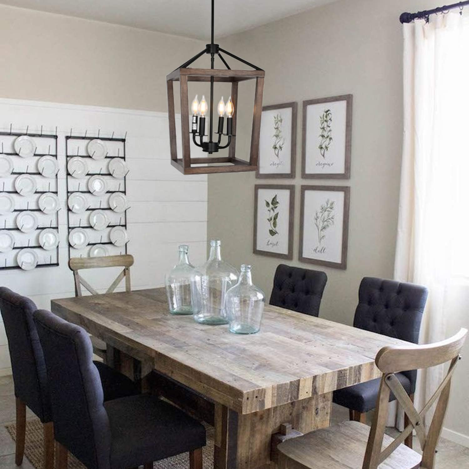 4-Light Rustic Chandelier, Adjustable Height Lantern Pendant Light with Oak Wood and Iron Finish, Farmhouse Lighting Fixtures for Dining Room, Kitchen, Hallway and Entryway, ETL Listed - - 