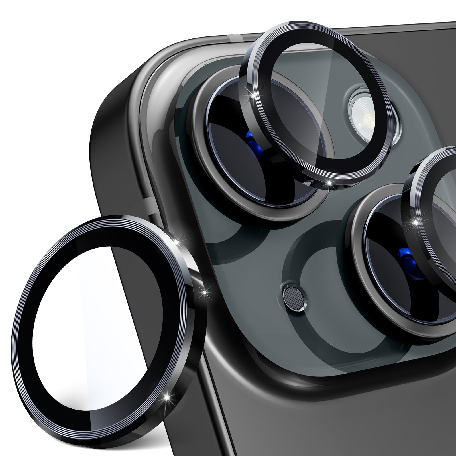 imluckies Camera Lens Protector for iPhone 15 / iPhone 15 Plus, 9H Tempered Glass & Anti-Scratch Metal Individual Ring Lens Cover, HD Clear Camera Accessories, Case Friendly - Black