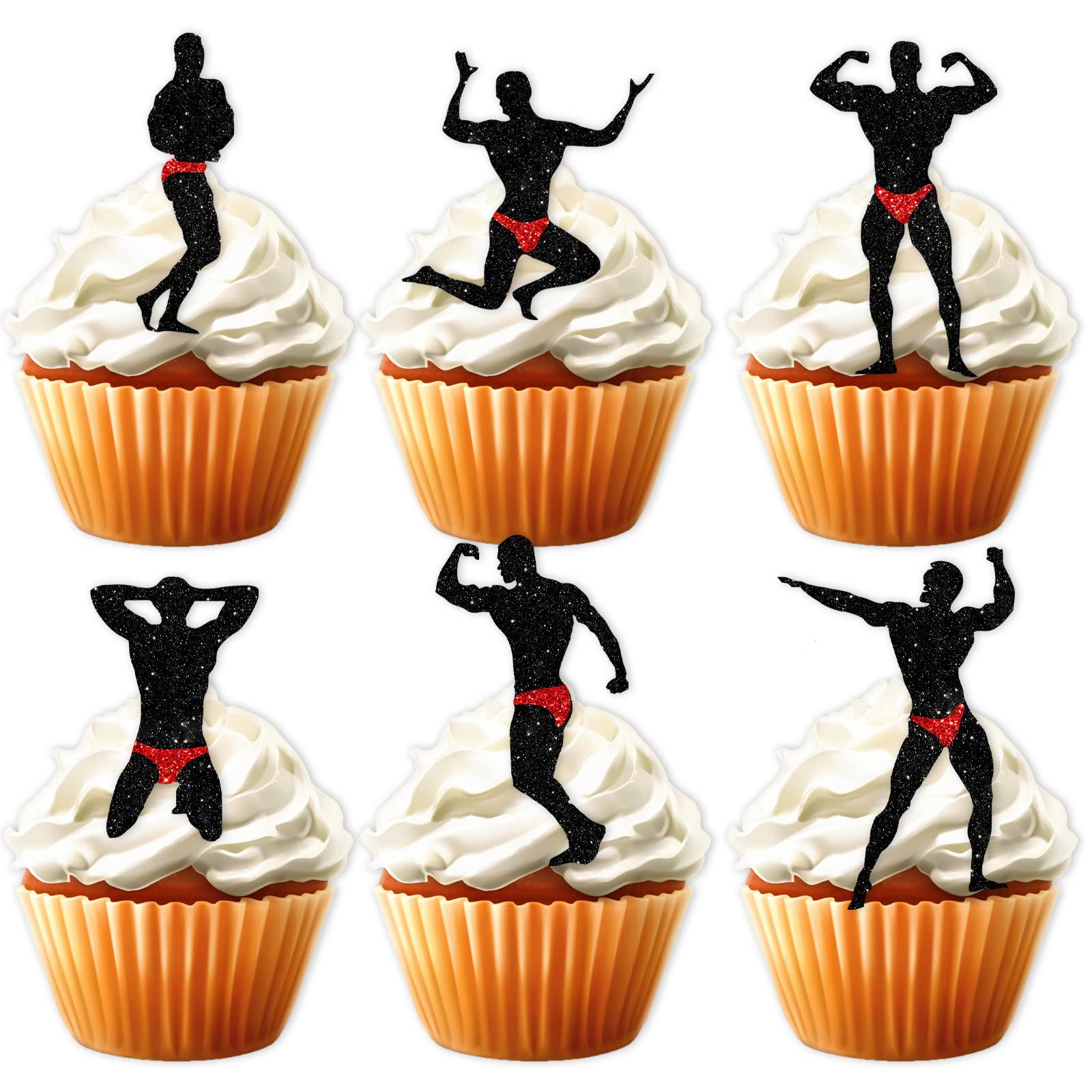 Photo 1 of 18pcs Red Black Glitter Silhouettes Dessert Cupcake Topper for Bodybuilder Strong Muscular Man Night Out Hen Movie Party Theme Decor Supplies Birthday Bachelorette Bridal Shower Party Decoration