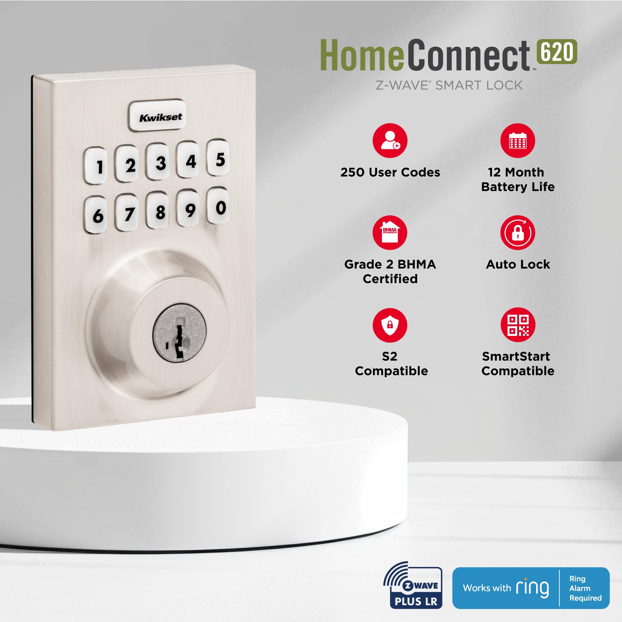 Kwikset HomeConnect 620 Z-Wave Long Range Enabled Keypad Smart Lock Convenient Keyless Entry, Customizable User Codes, Ring Alarm Compatible, Hub Required, Sold Separately Matte Black Contemporary