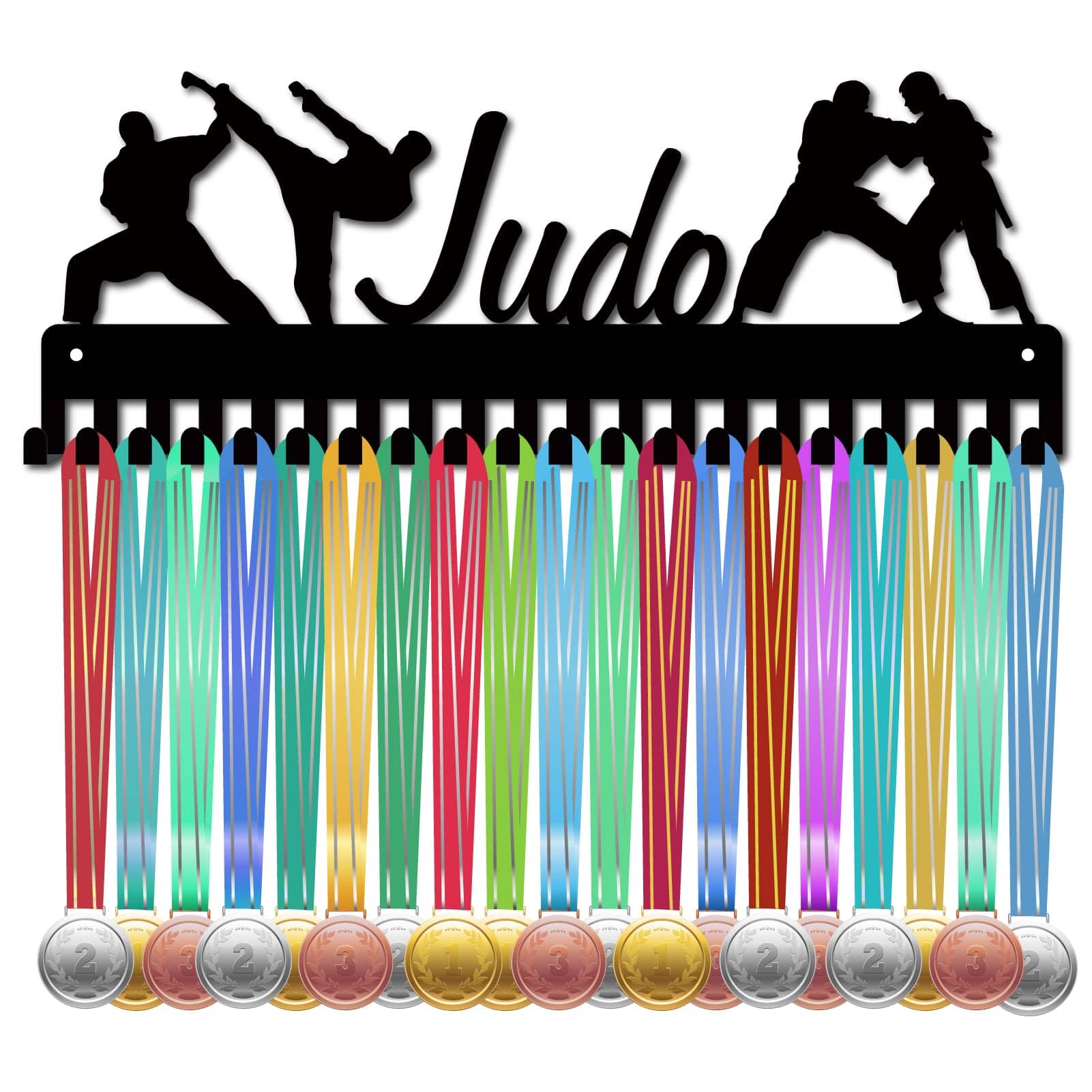 CREATCABIN Judo Medal Hanger Medal Holder Display Sports Awards Ribbons Organizer with Hooks Metal Black Rack Mounted for Wall Hanging 20+ Medals Race Soccer Players Athletes Medalists 15.7 x 5.9Inch
