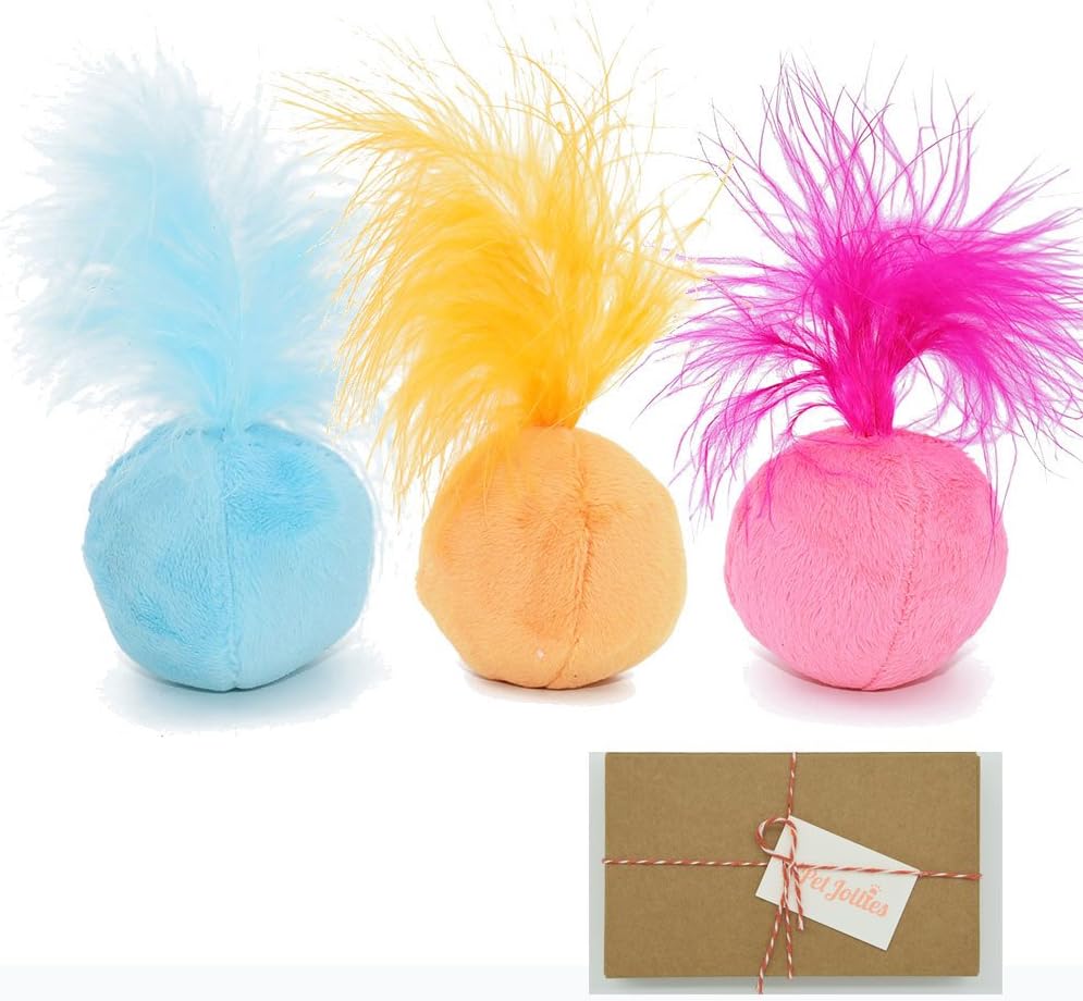 Interactive Catnip Cat Toys Ball Plush Cat Toy with Feathers and Bell Inside for Kitten in Gift Box by PetJollies (Pack of 3 )