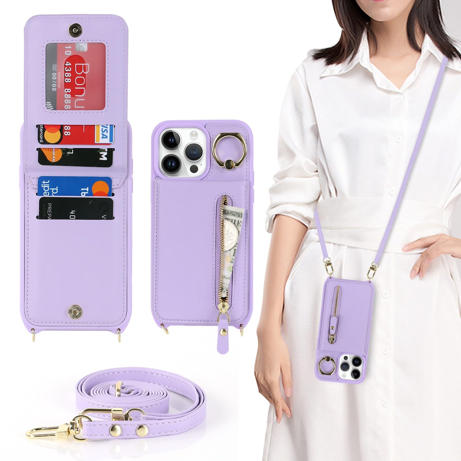Zouzt for iPhone 14 Pro Case with Cord and Card Holde, Zipper Wallet Case with Crossbody Lanyard Ring Adjustable Necklace Protective Cover Women for iPhone 14 Pro 6.1 Inch - Purple