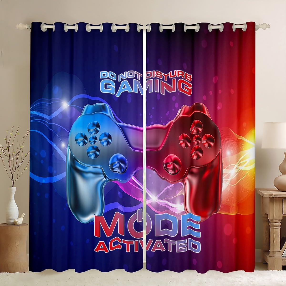 Gaming Curtains Galaxy Nebula Blue Red Gradient Curtains for Bedroom Living Room Kids Boys Video Game Gamepad Windows Drapes Novelty Game Controller Room Decoration,W66*L72
