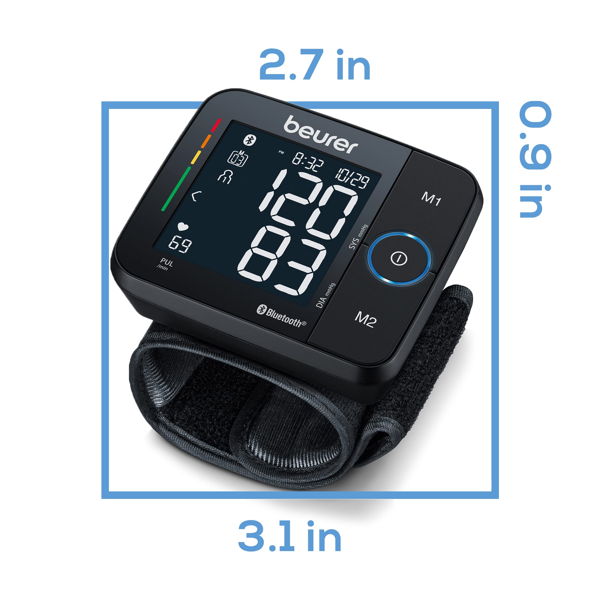 Beurer BC54 Wrist Blood Pressure Monitor with Bluetooth, Irregular Heartbeat Detector, Risk Indicator, Accurate Large Display, and Travel Case, Wrist Cuff up to 120 Memory Sets