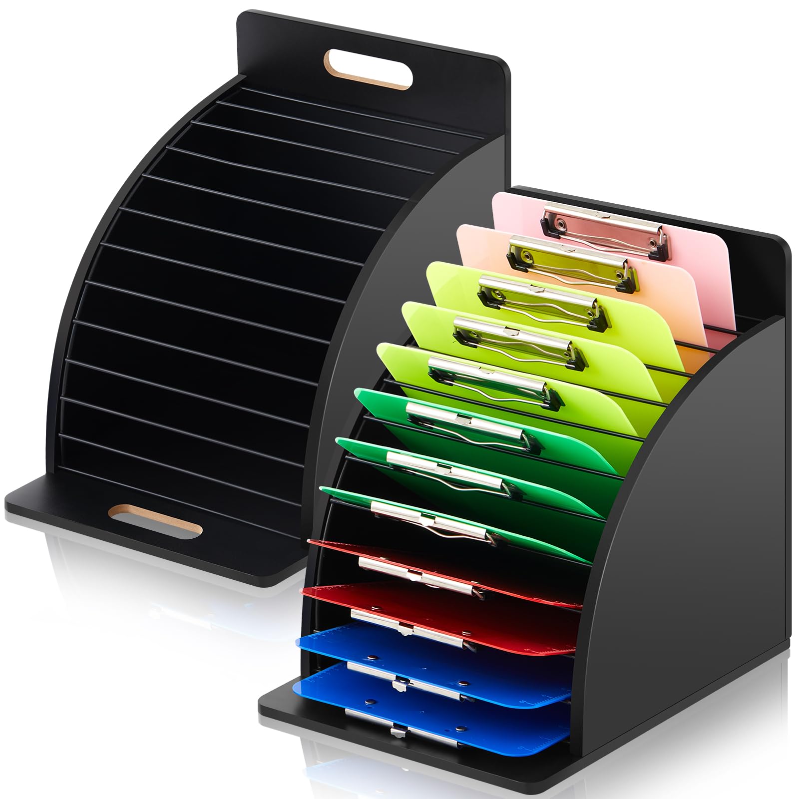 Photo 1 of Wonderjune 2 Pcs Wooden Clipboard Holder Storage Metal Rack with Raised Side Panel Clipboard Organization for Classroom Office School Teacher, Clip Boards Not Included(Black)