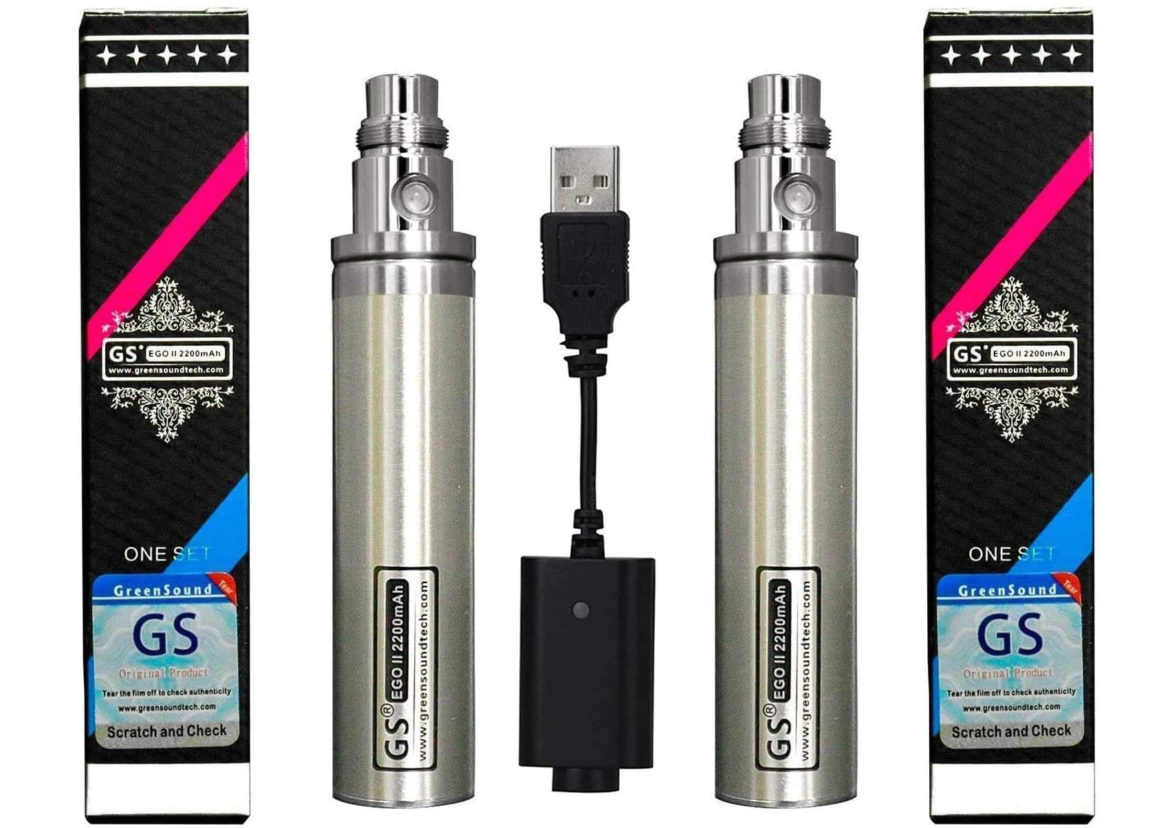 FOXFIVES GS Ego II 2200mah Huge Capacity Battery Edition 510 Double Pack with USB Charger Nicotine Free Empty Device (2PCS Silver)