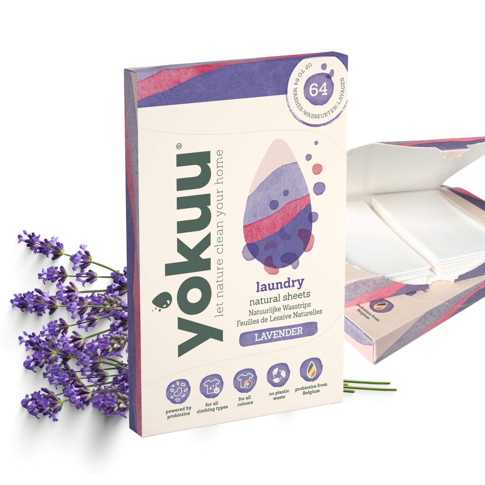 YOKUU Probiotische Reisewaschmittel Blätter | 64 Ladungen | Lavendel | Ökologische Waschblätter Schwarze & Weiße Wäsche | Ultra-Konzentriert, Vordosiert & Wasserlöslich