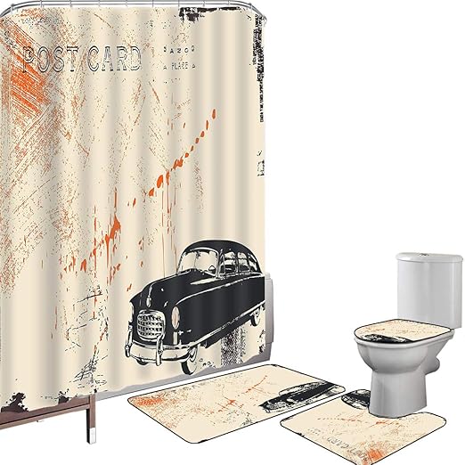 Amazon Com Shower Curtain Set Bathroom Accessories Carpet Set Old Car Ations Art With Classic Old Fashioned Car On The Street Vintage Postcard Style Design Bath Mat Contour Rug Toilet Cover Black Charcoal