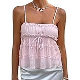 Milumia Women's Y2k Bow Frilled Peplum Cami Top Spaghetti Strap Ruffle Hem Crop Tops