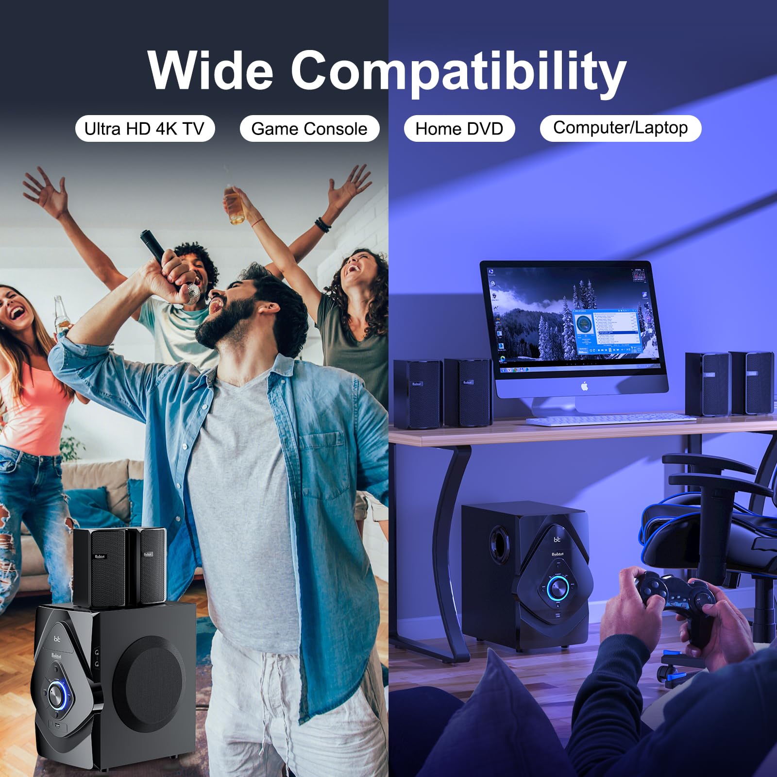 Bobtot Home Theater System Wireless Rear Satellite Speakers 800W 6.5inch Subwoofer 5.1/2.1 Channel Surround Sound Systems with HDMI ARC Optical Bluetooth Input