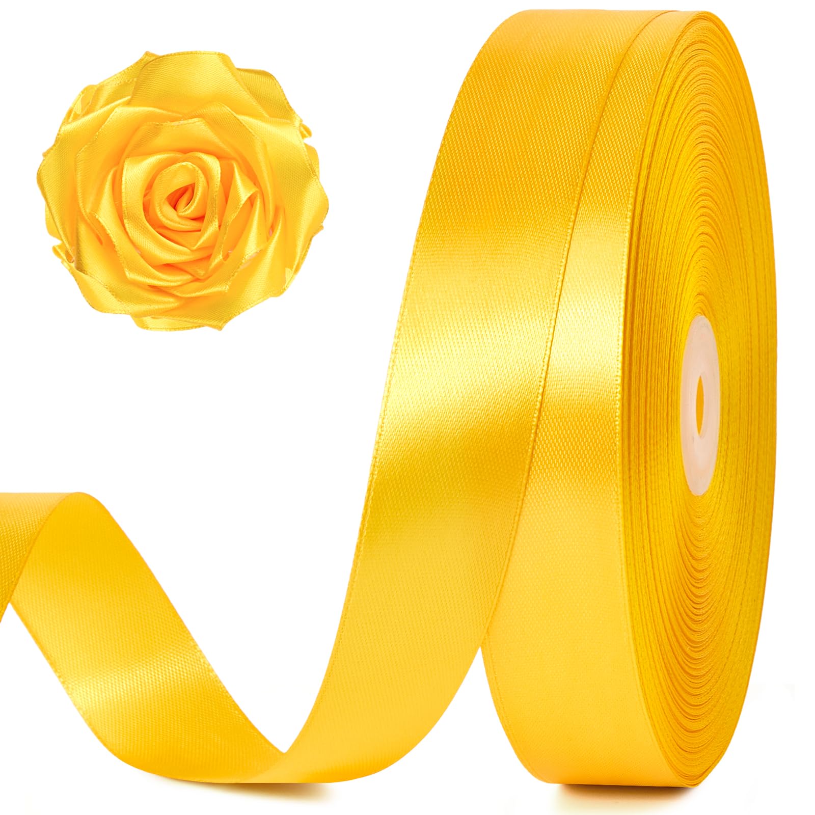 Photo 1 of 100 Yards 1 Inch Yellow Satin Ribbon, Solid Craft Fabric Ribbon for Christmas Gift Wrapping, Bows Making, Flower Bouquet, Wedding Party Decoration
