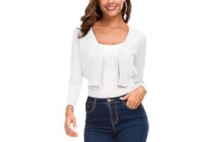 EXCHIC Women's Lightweight Knit Cropped Cardigan 3/4 Sleeve V-Neck Open Front Bolero Shrug for Dresses and Casual Wear