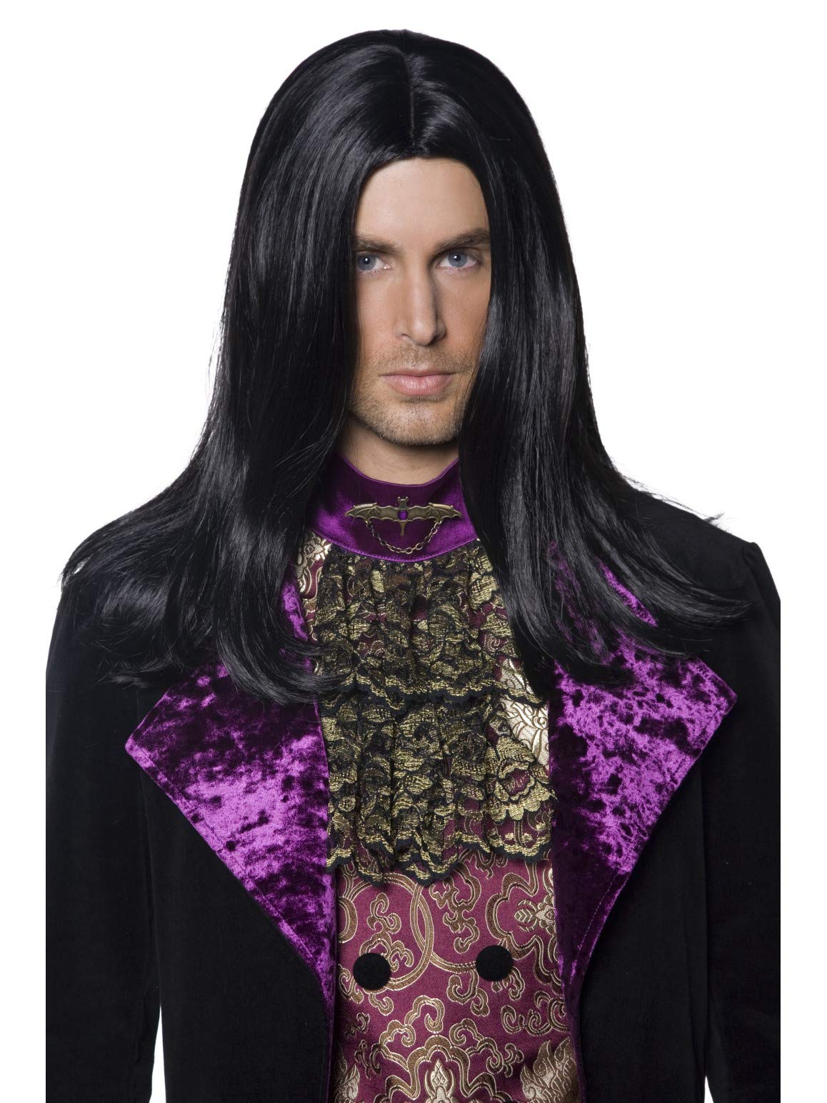 Smiffys Gothic Count Wig, Black Long & Straight, Halloween Fancy Dress Accessory, Adult Dress Up Wigs