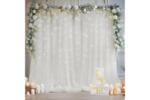 WISH CARE 10×10ft White Tulle Backdrop Curtain with Lights String for Parites, Sheer Curtain Backdrop Drapes for Wedding Party Home Decorations