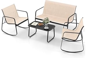 DWVO 4 Piece Patio Furniture Set, Outdoor Conversation Sets for Patio, Lawn, Garden, Poolside with Rocking Chair Set of 2 and Glass Coffee Table - Brown