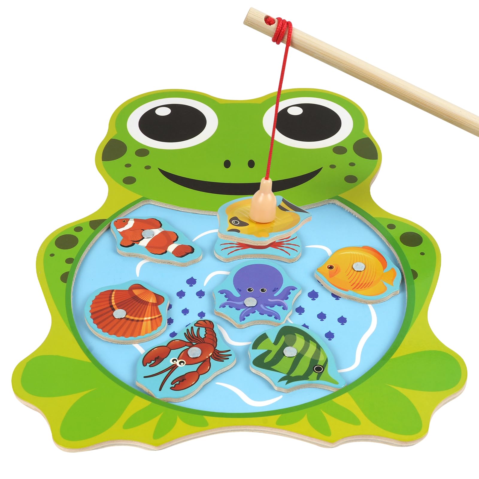 Vicloon Wooden Fish Toy, 10pcs Magnetic Fishing Game, Magnetic Games Learning Toys with 2 Fish Rod Recognize Marine Life Montessori Toys for Toddlers, Boys and Girls Birthday (Frog)