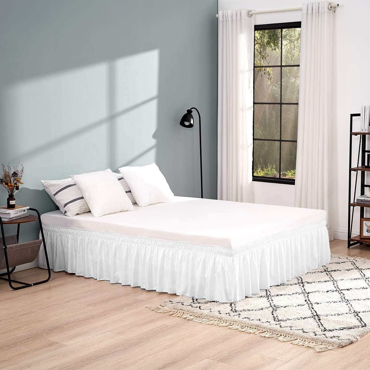 RIMELA Bed Skirt Wrap Around Elastic Dust Ruffle Solid Color Wrinkle and Fade Resistant with Adjustable Elastic Belt Easy to Install White for Queen Size 15 Inch Drop: Kitchen & Dining