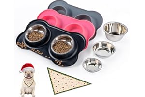 Conlun Dog Bowls with Silicone Feeding Mat,No Spill Food Water Dish Set,Dishwasher Safe,2 Stainless Steel Puppy Bowls with Christmas Dogs Bandanas,Suitable for Tiny Pets Under 8lbs,Extra Small,Black