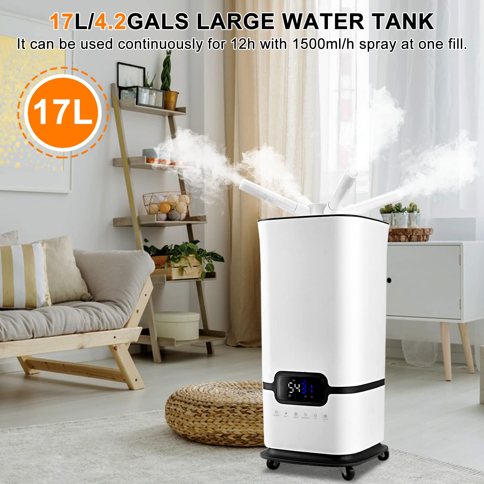 JIAWANSHUN Industrial Humidifier Commercial Humidifier with Water Pipe 1500ML/h Cool Mist Humidifier,1200sq.ft 17L/4.2Gals Whole House Humidifier Top Filled Humidifier for Large Room Green House