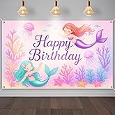 IVN Happy Birthday Decorations Banner 71x43 Inch Backdrop Soft Pink Mermaid Coral Ocean Birthday Wall Background Poster for Men Women Kids