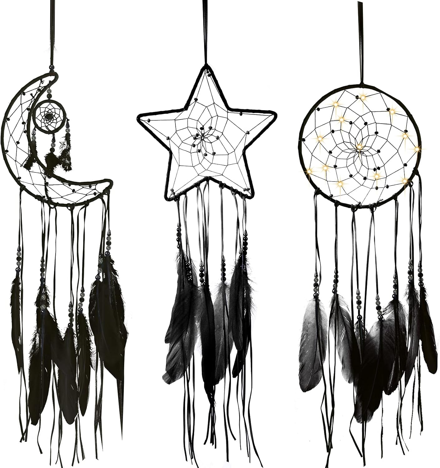 Jetec 3 Pieces Macrame Dream Catcher Moon Sun Star Design Woven Wall Hanging Decor Handmade Traditional Design with 3 LED Light for Wall Hanging Home Decoration (Black)