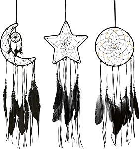 Jetec 3 Pieces Macrame Dream Catcher Moon Sun Star Design Woven Wall Hanging Decor Handmade Traditional Design with 3 LED Light for Wall Hanging Home Decoration (Black)