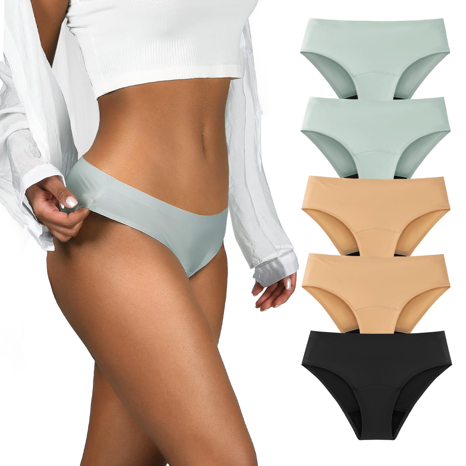 Photo 1 of TIICHOO Period Underwear Heavy Flow Seamless Period Bikini Panties for Women 5 Pack (Large,Black/2 Beige/2 Smoke Green)