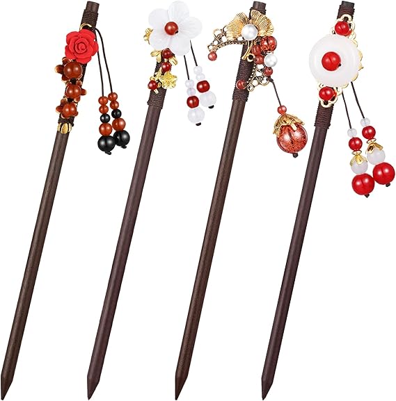 4 Pieces Japanese Chinese Hair Stick Retro Wooden Hairpin Vintage