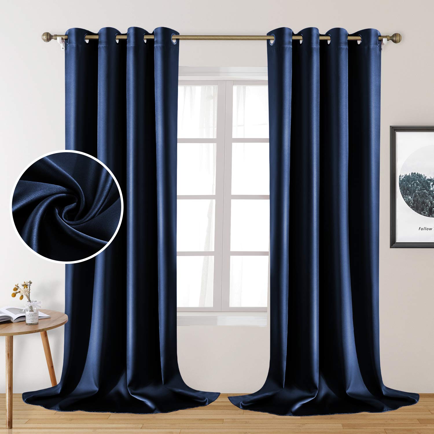 HOMEIDEAS 2 Panels Navy Blue Faux Silk Blackout Luxury Curtains, 52 X 108 Inch Room Darkening Satin Thermal Insulated Window Drapes for Bedroom Decor, Indoor, Living Room Image