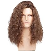 Kaneles Mens Long Brown Wig Mid Length Synthetic Hair for Male Halloween Cosplay 80s Costume Wig