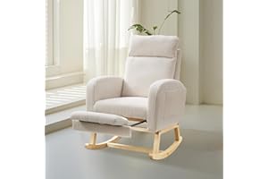 Hevaotry Nursery Rocking Chair with Adjustable Footrest for Living Room,Teddy Fabric Rocking Chair with Solid Wooden Legs，Comfortable Lounge Armchair with Side Pockets and High Backrest(Cream，Velvet)