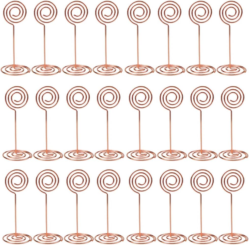 CSPRING Round Shape Wire Metal Picture Display Table Number Holder Stand Clip Spiral Circle Place Card Holders for Wedding Party Menu Name Desk, 24PCS (Rose Gold)