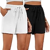 Ficerd 2 Pack Women's Linen Wide Leg Shorts, Casual High Waisted Drawstring Shorts Pant Comfy Summer Beach Short with Pockets