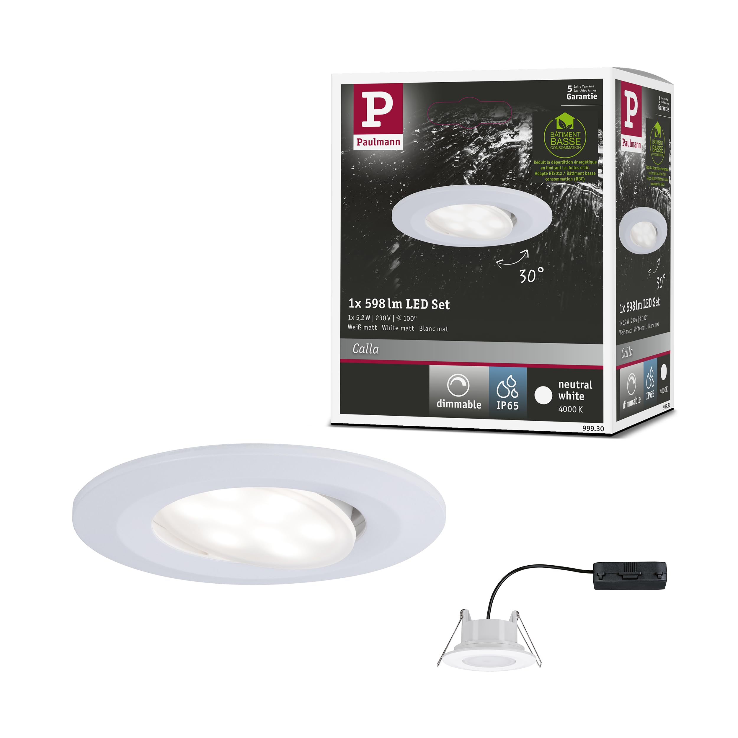 Paulmann 99930 Calla LED recessed luminaire round incl. 1x6.5W IP65 dimmable recessed spotlight white matt cabinet light plastic recessed lamp 4000K