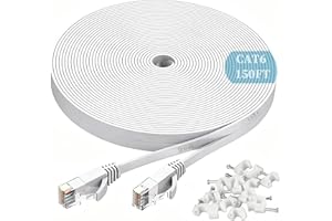 Cat6 Ethernet Cable 150 ft White with Free White Cable Clips - Ikerall RJ45 Flat Ethernet Patch Cable Internet Wire 150 Feet(